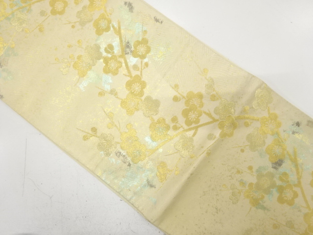 JAPANESE KIMONO / ANTIQUE FUKURO OBI / SILK / WOVEN MOUNTAINS & UME